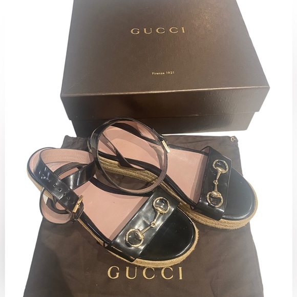 Gucci Platform Black Leather Espadrilles Summer Sandals Size 40.5 / Women’s 10.5 - Picture 4 of 12